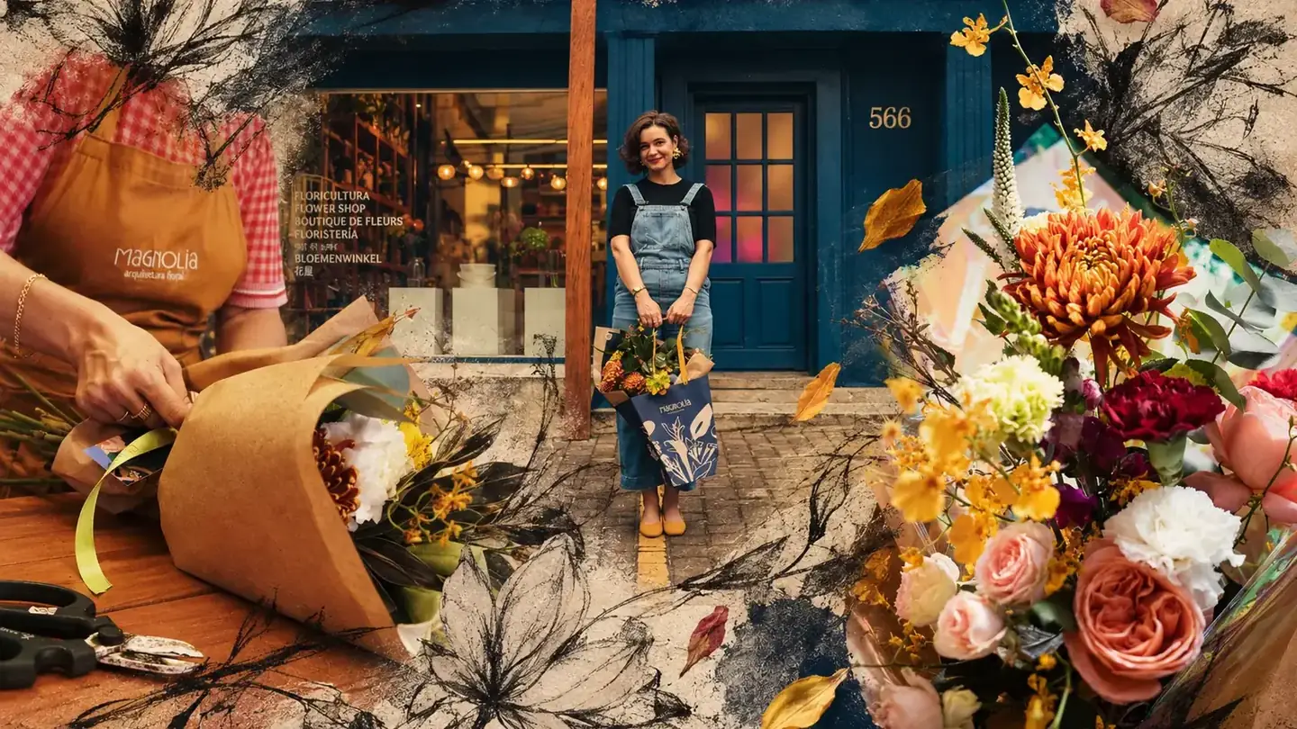 Gabriella diante do ateliê Magnolia entre flores e ilustrações botânicas